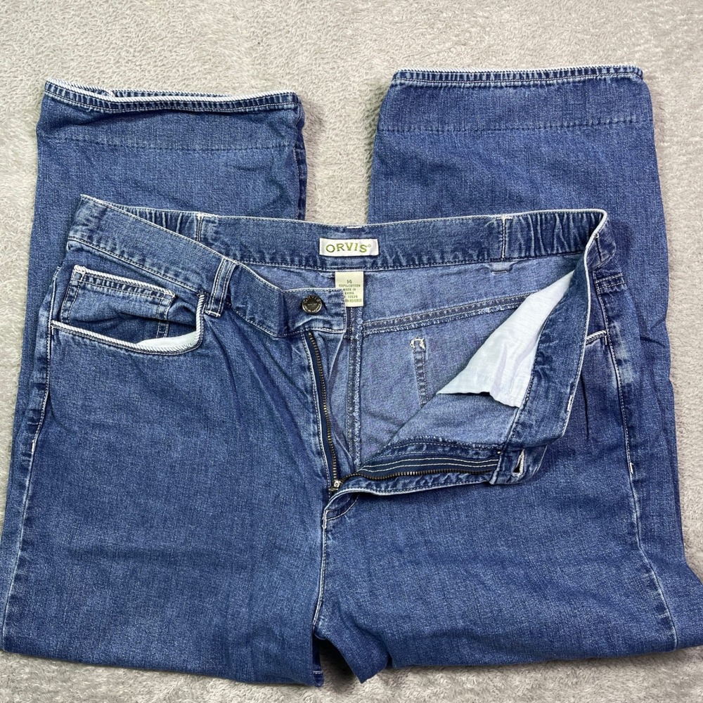 Vtg Orvis Women's‎ Denim Cropped Wide Leg Jeans Blue Size 14 Button Detail Y2k